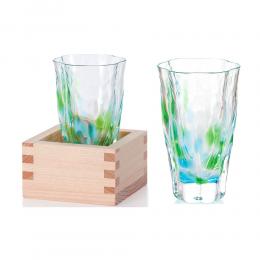 日製玻璃2件8折｜日本津輕 清萌綠手作清酒杯(含木盒)