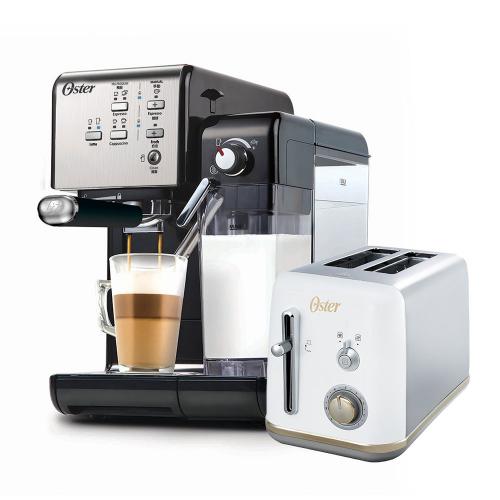 美國OSTER 頂級義式膠囊兩用咖啡機(經典銀)+烤麵包機(白)