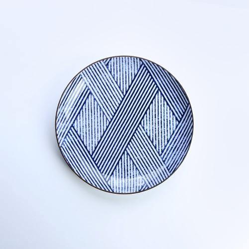 日本 昭和製陶 藍染縞格子7吋圓盤