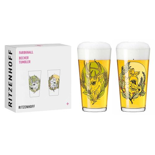 德國 RITZENHOFF+ FARBKNALL 時尚圖騰啤酒/萬用對杯-狐狸與雄鹿 (1組2入)