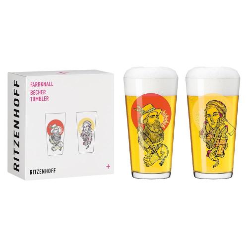 德國 RITZENHOFF+ FARBKNALL 時尚圖騰啤酒/萬用對杯-伐木工與馴鷹者 (1組2入)