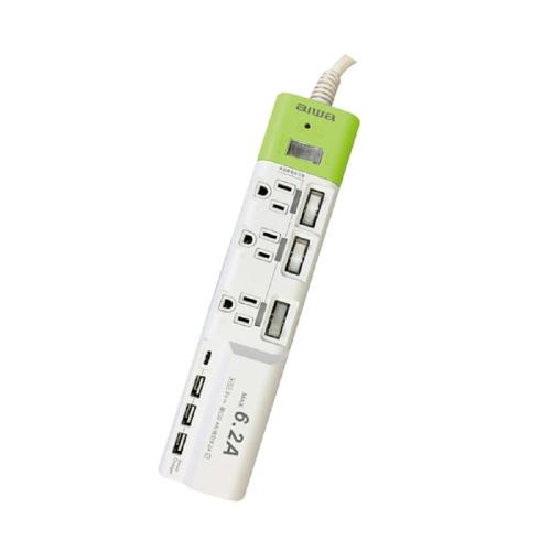AIWA愛華 USB 6.2 A 6尺 家用智能延長線插座-綠