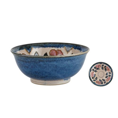 JUST HOME 日本製赤花陶瓷麵碗-藍