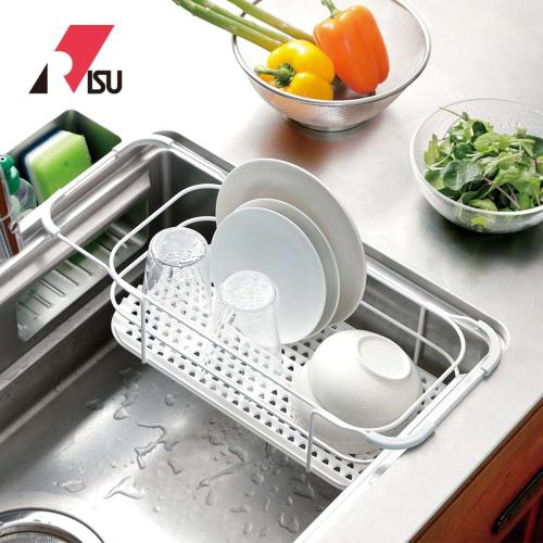 清倉大特價｜日本 RISU 二合一水槽用伸縮式備料調理/碗盤瀝水籃-白色