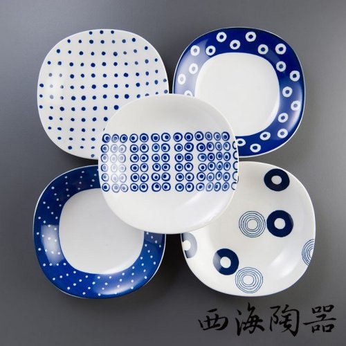 日本 西海陶器 藍丸紋五件式輕量沙拉盤